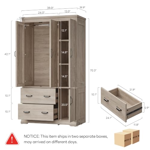 Freestanding Bedroom Wardrobe Closet with Drawers and Hanging Rod, Light Oak