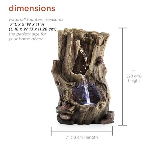 Tabletop Water Fountain with LED Lights - Rainforest Tree Trunk Decor, 11"