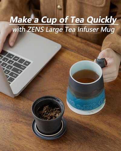 ZENS 15.2oz Blue Tea Cup with Infuser, Lid & Coaster - Handcrafted Ceramic
