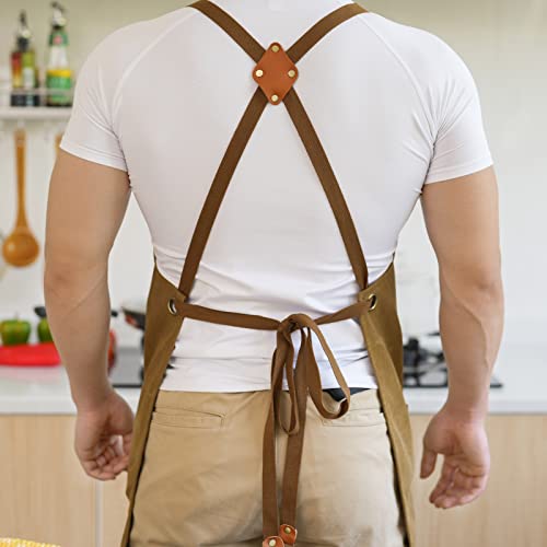 Heavy Duty 100% Cotton Canvas BBQ Apron with Pockets - Adjustable Cross Back