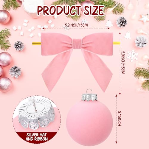 Daifunli Pink 24 Pcs Velvet Christmas Ornaments Set – 12 Balls + 12 Bows