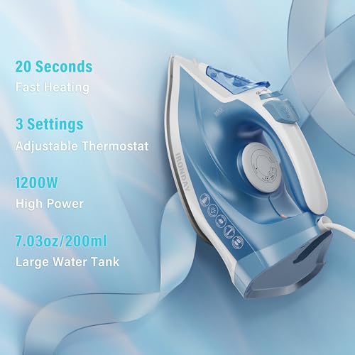 IRONDAY Blue Steam Iron 1200W Fast Heating Non-Stick Ceramic Soleplate