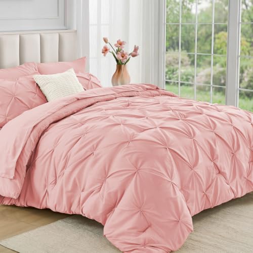 Queen Pintuck Comforter Set - 7-Piece All-Season Bed in a Bag, Pink