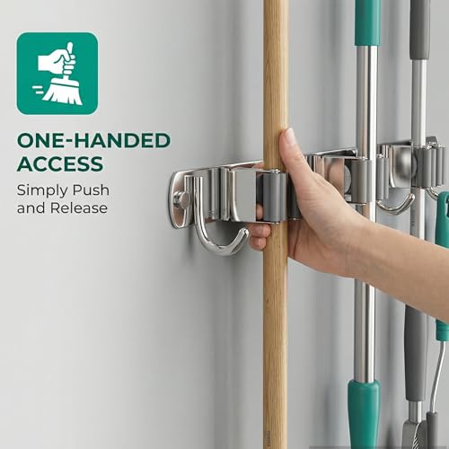 Stainless Steel Mop and Broom Holder Wall Mount with 3 Racks and 4 Hooks