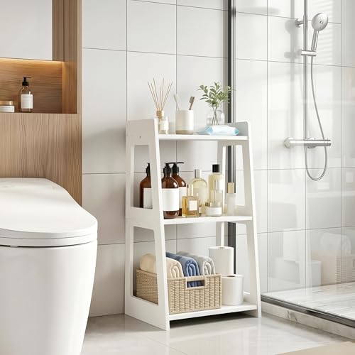 3-Tier Freestanding Ladder Shelf, Compact White PVC Storage Rack
