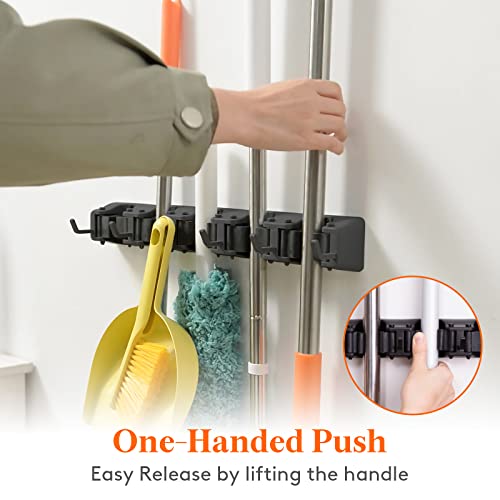 Wall Mounted Mop and Broom Holder Organizer with 5 Slots and 6 Hooks