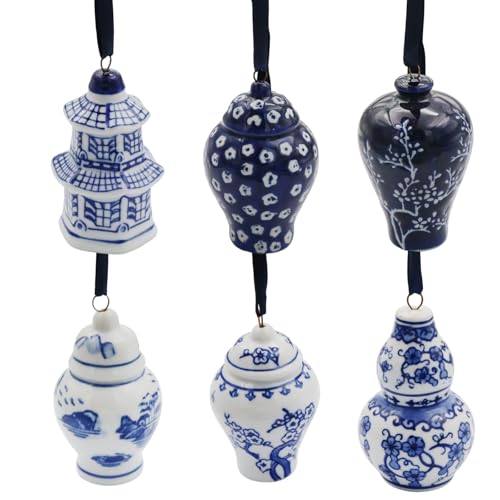 CX Mpapali 6pc Chinoiserie Ginger Jar Ornaments - Blue & White Porcelain Hanging Christmas Decorations (Classic Style)
