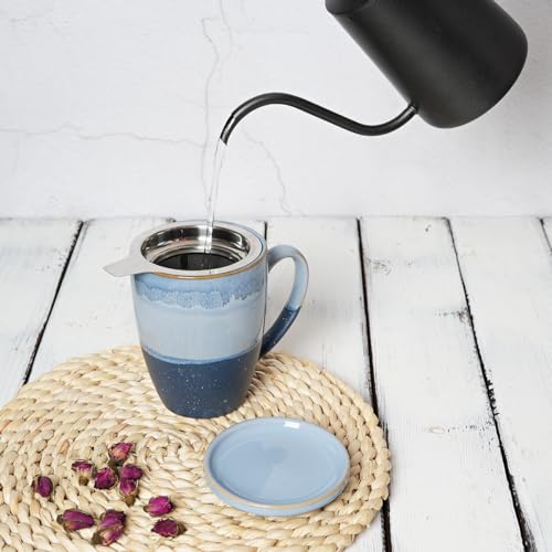 Bosmarlin Blue Ceramic Tea Mug with Infuser & Lid, 13.5oz, Microwave & Dishwasher Safe