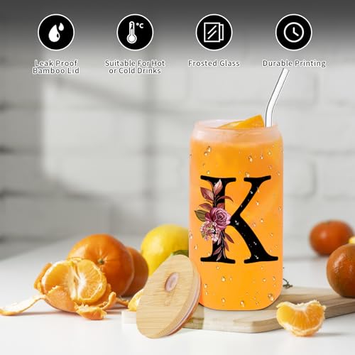 Personalized Monogrammed 16oz Glass Drinking Cup with Lid & Straw - Letter K Gift