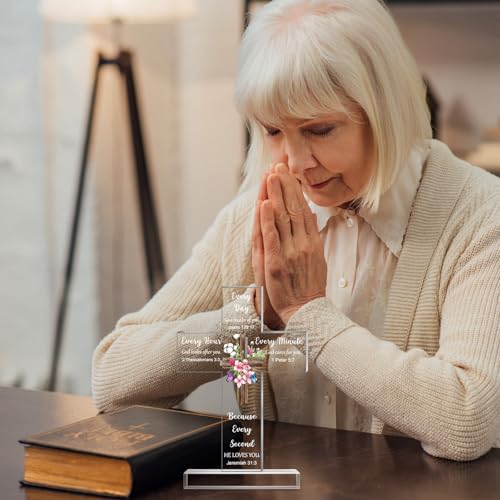 Acrylic Cross Desk Decor with Bible Verses, Religious Standing Table Gift