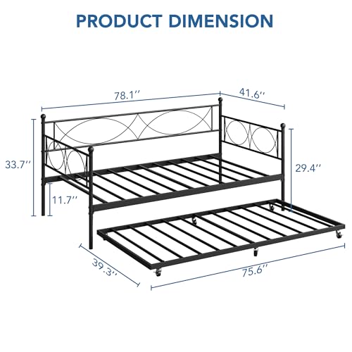 Metal Twin Daybed Frame with Wheeled Pull-Out Trundle & Steel Slats