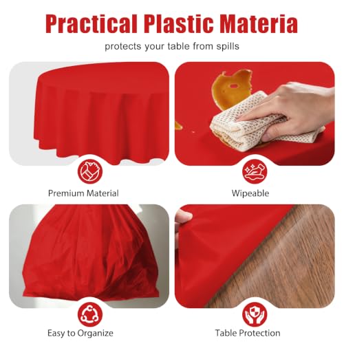 CC-SLZP 3 Pack Red Round Plastic Tablecloths 84 Inch Waterproof Disposable