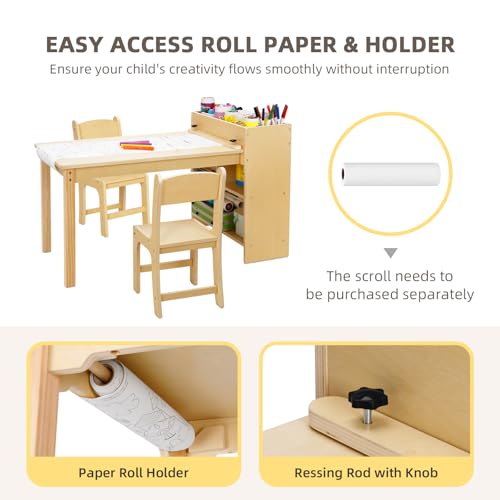 Kids Art Table and 2 Chairs Set with Storage - Wooden Toddler Activity Desk