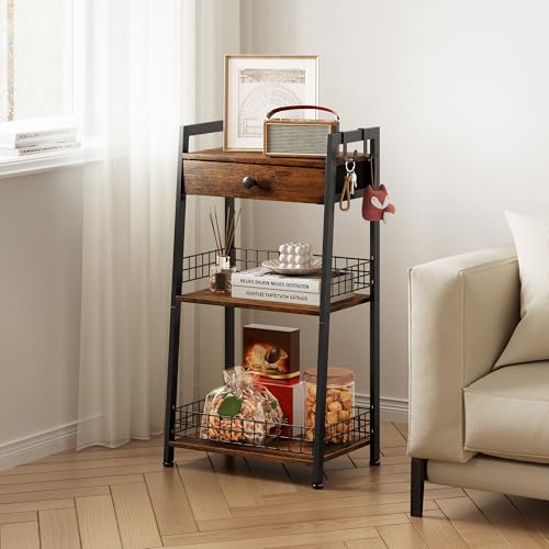 3-Tier Bathroom Ladder Shelf with Storage Drawer and Towel Hooks