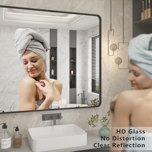 28x32 Inch Black Metal Framed Wall Mirror, Shatterproof Bathroom Mirror
