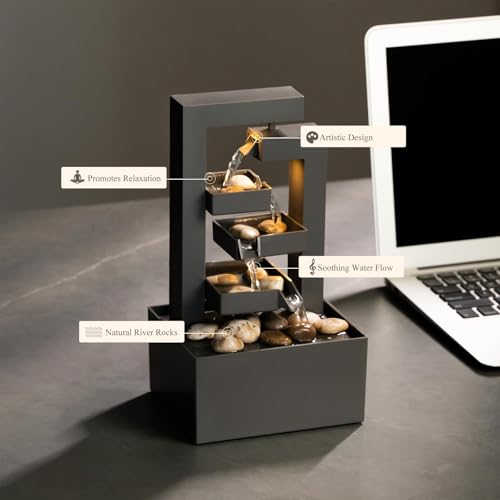 3-Tier Desktop Waterfall Fountain with LED Lights and Natural River Stones