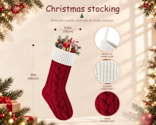 Edoneery 18 Inch Christmas Stockings, 4 Pack – Red/Green/White Ivory Cable Knit