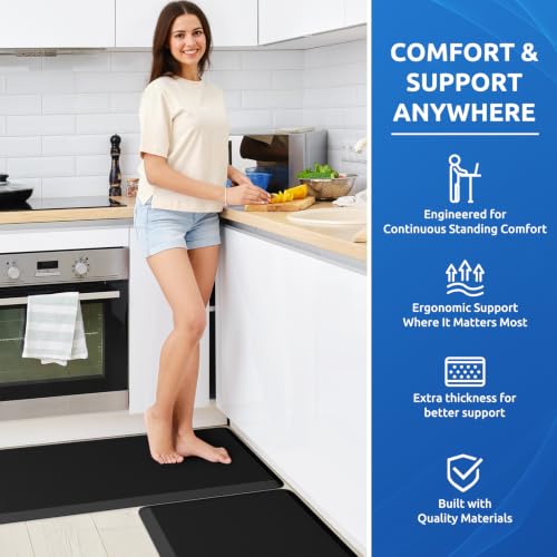 KitchenClouds 2-Pack Anti-Fatigue Kitchen Mats Black 17.3x29 & 17.3x47 Inches