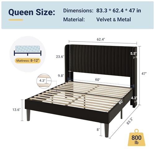 Queen Size Velvet Platform Bed Frame with Wingback Headboard, Black