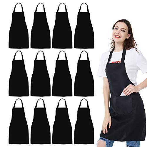12-Pack Black Bib Aprons with 2 Pockets - Unisex Kitchen & Crafting Apron