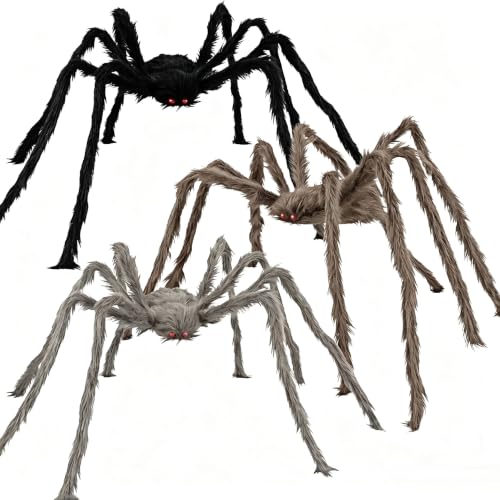 BEABOO 3 Pack 5Ft Black, Brown & Grey Giant Halloween Spiders Realistic Scary Decor