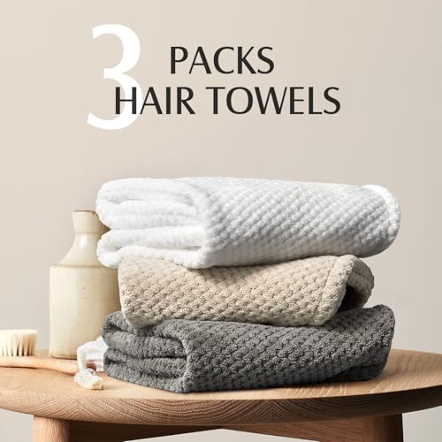 YFONG 3 Pack Large Microfiber Hair Towel Wrap for Women & Kids, Grey, White, Camel