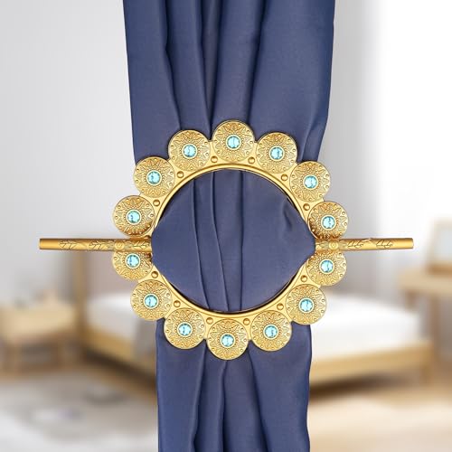 Ornate Crystal Floral Curtain Tiebacks, Silver Metal Window Holders (2 Pack)