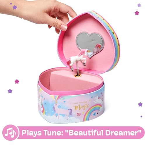 Heart-Shaped Musical Jewelry Box for Girls with Twirling Unicorn Figurine