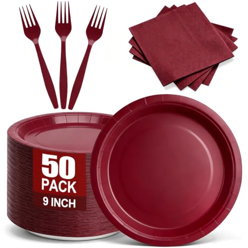9 Inch Burgundy Paper Plates and Napkins Set for Birthday & Holiday Parties - 50 Sets, Includes Forks