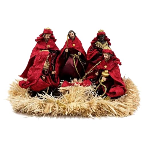 Oeihuivt Handmade Resin Nativity Scene Holy Family Christmas Decor - Red-6