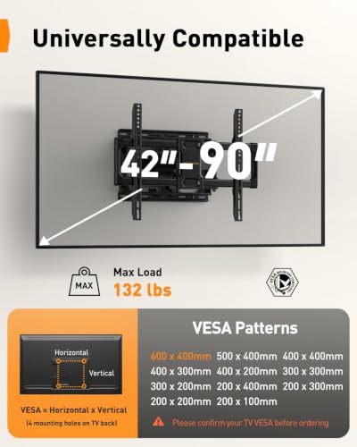 Perlegear Full Motion TV Wall Mount for 42-90 Inch TVs up to 132 lbs