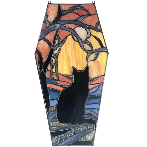 Coffin Shaped Stained Glass Panel - Black Cat and Full Moon