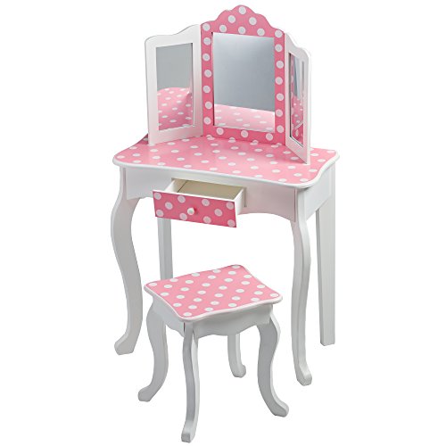 Kids Wooden Play Vanity Set with Tri-Fold Mirror, Drawer, and Matching Stool