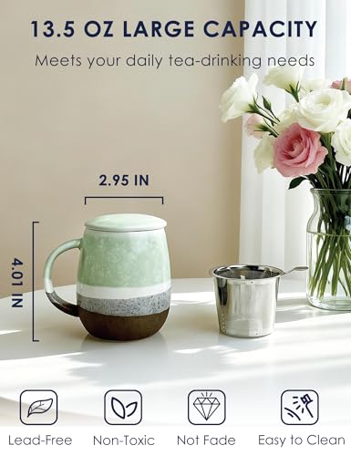 Green Ceramic Tea Infuser Mug 13.5oz with Lid & Stainless Steel Infuser