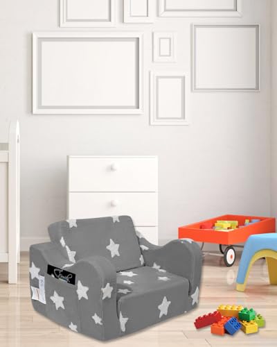 Toddler Fold-Out Couch, 2-in-1 Convertible Kids Sofa and Lounger, Gray