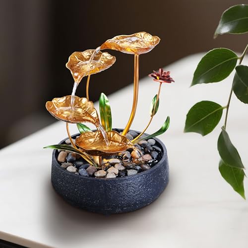 Metal Lotus Tabletop Water Fountain with Warm LED Light - Indoor Zen Decor