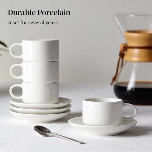 DOWAN White 2.5 oz Stackable Espresso Cups & Saucers Set of 4