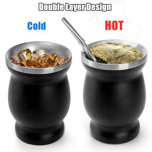 Yerba Mate Cup & Bombilla Kit - Insulated Stainless Steel Gourd with Spill-Proof Lid & Cleaning Brush, 8 oz