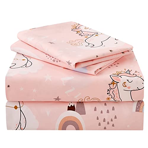 JSD Pink Unicorn Twin Sheet Set - 3-Piece Soft Microfiber Kids Bedding