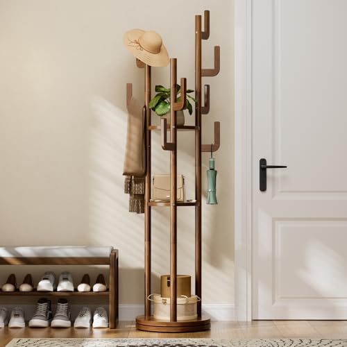 Rotating Solid Wood Coat Rack with 9 Hooks and 3 Storage Shelves