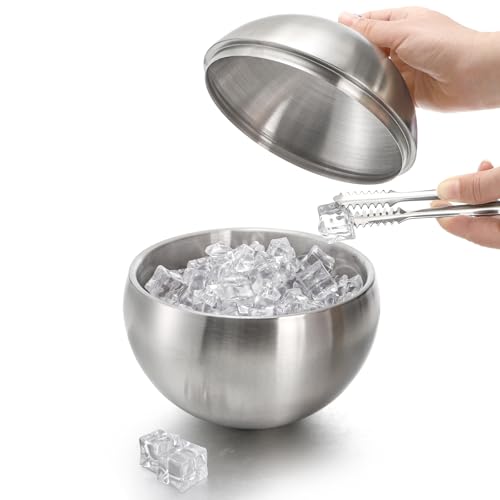 Yesland 2L Stainless Steel Double Wall Insulated Ice Bucket with Lid & Tongs - Spherical Wine & Champagne Chiller for Home Bar & Parties
