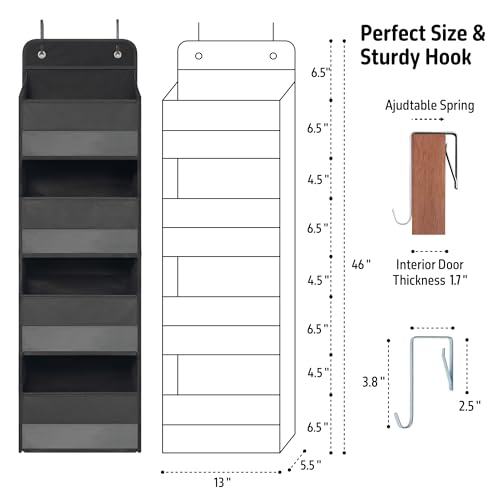 Over the Door Organizer with 4 Large Clear Pockets - Black Hanging Storage