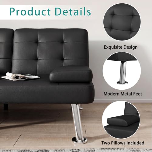 Flamaker Black Faux Leather Futon Sofa Bed Convertible Loveseat with Adjustable Back