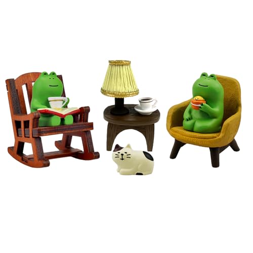 Miniature Resin Frog and Cat Figurine Set, 6-Piece Desk Decor Collection