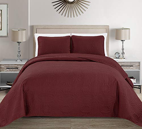3-Piece Oversized Embossed Coverlet Bedspread Set - Burgundy, Full/Queen