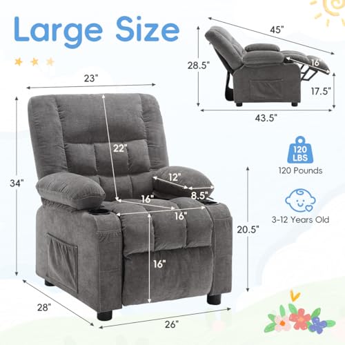 Kids Recliner Chair with Cup Holders and Side Pockets, Adjustable Toddler Sofa