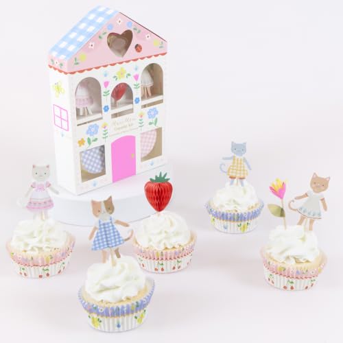 Cat Cupcake Toppers and Liners Kit with Pastel Cases - 24 Pack