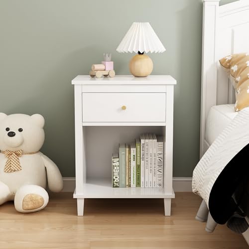 Extrasleep Kids Nightstand with Storage Drawer - White, 27"H Toddler Bedside Table for Boys & Girls, Modern End Table with Shelf