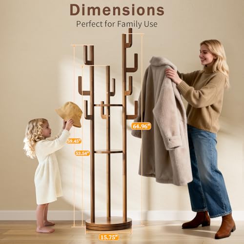 Rotating Solid Wood Coat Rack with 9 Hooks and 3 Storage Shelves