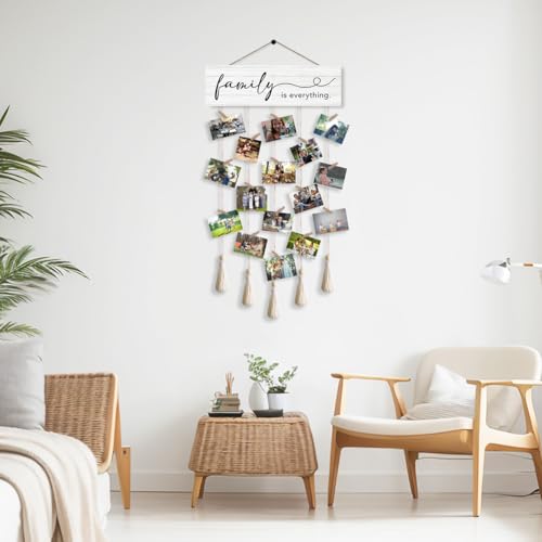 Rustic Farmhouse Hanging Photo Display Board with 16 Clips and Tassels